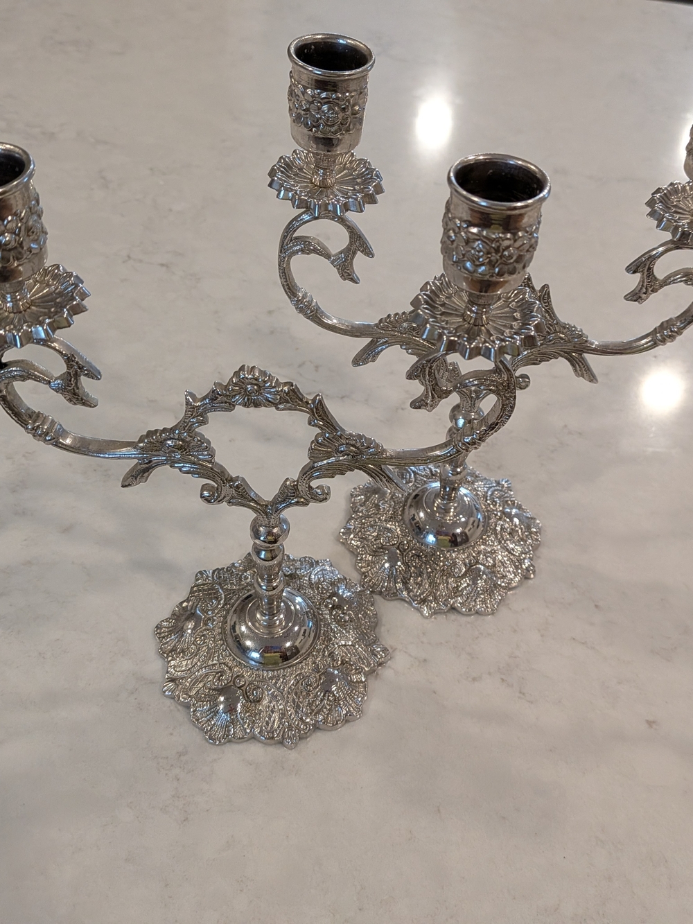 Elegant Silver Tone Ornate 2-Arm Candelabra Pair - Home Accents
